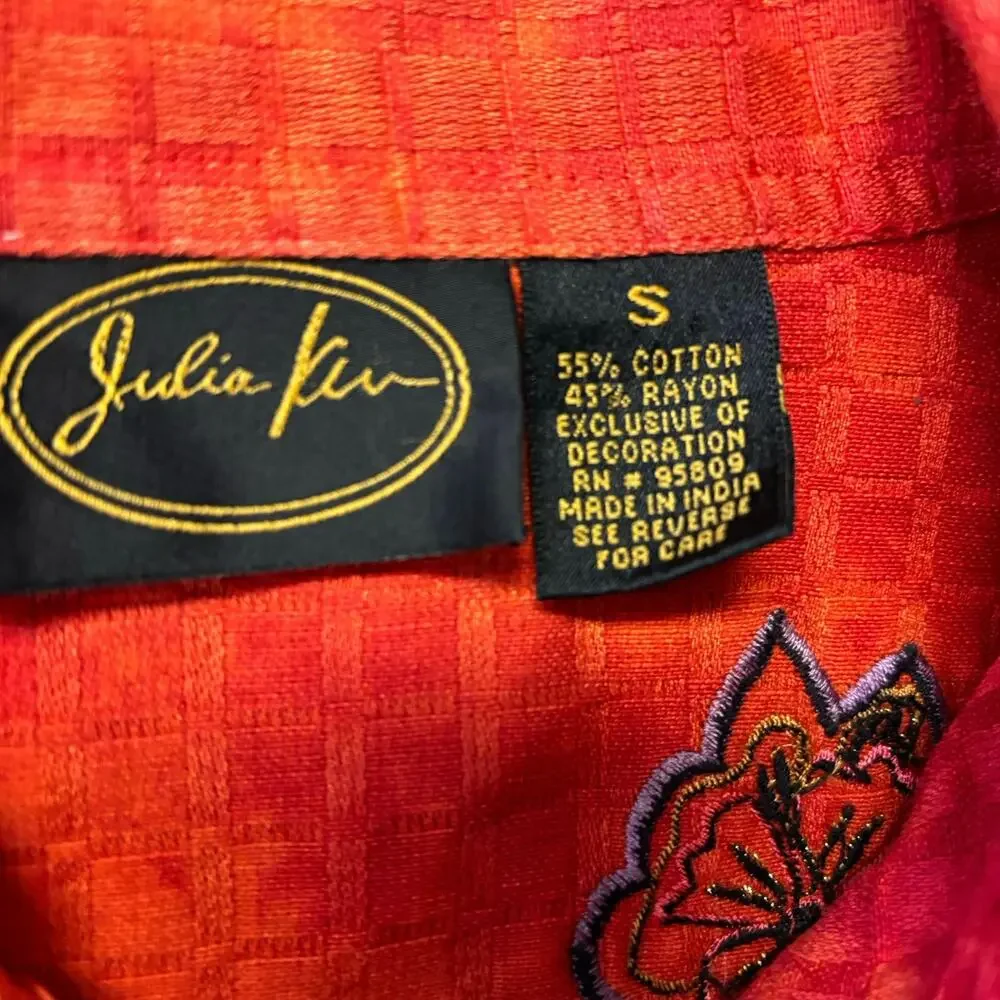 Julia Kin‎ Jacket Women Small Orange Art to Wear Boho Floral Embroidered Shirt - Picture 3 of 9